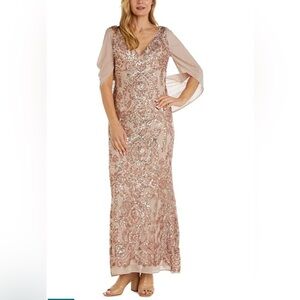 R&M Richards Velvet Gown Side-Ruched & Brooch Long Sleeve Wrap Dress Cocktail